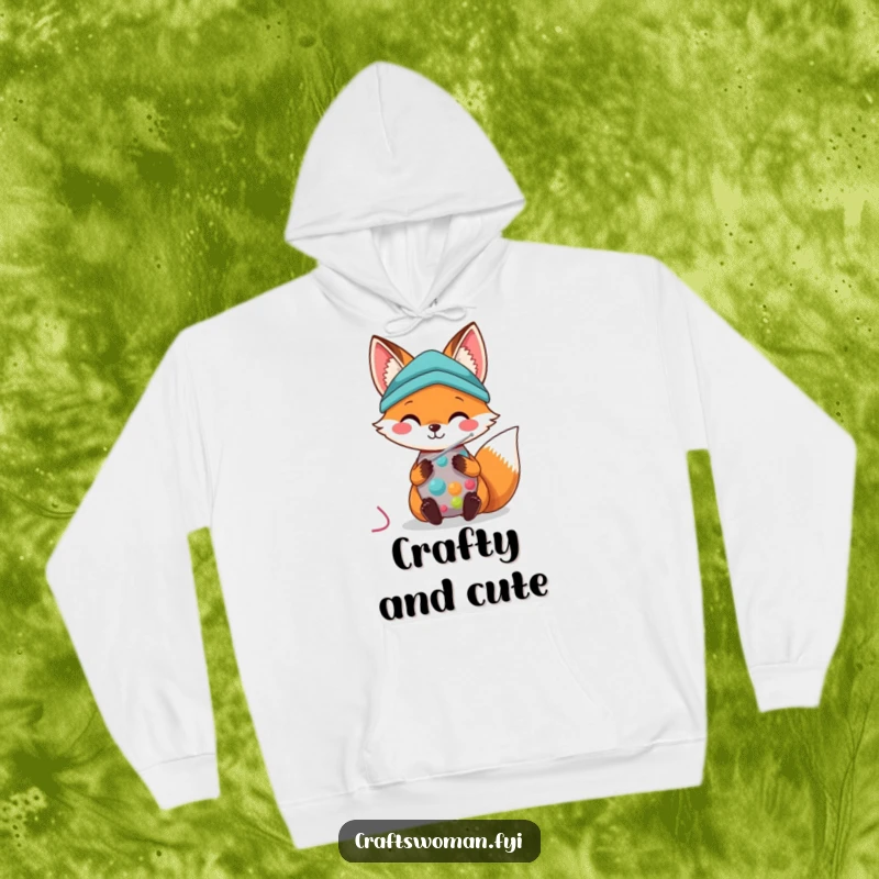 Kawaii Fox Hoodie: A cute fox happily sews colorful fabric with a needle, offering warm comfort and charm.