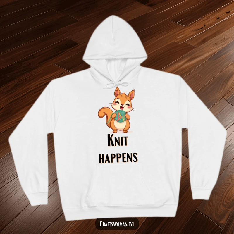 Funny Squirrel Yarn Hoodie showing a cute squirrel excitedly holding a colorful yarn ball, focused on being mid-stitch, perfect for cozy crafting.