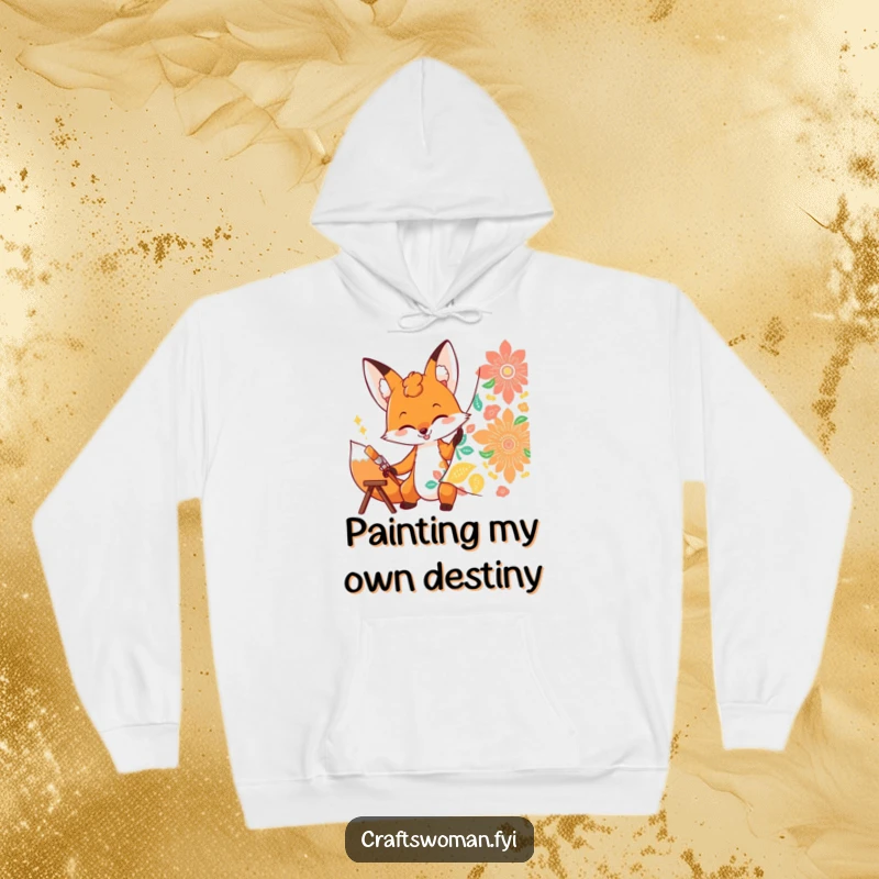 Funny fox hoodie with a determined character enthusiastically painting a vibrant pattern onto fabric, cozy and artistic.