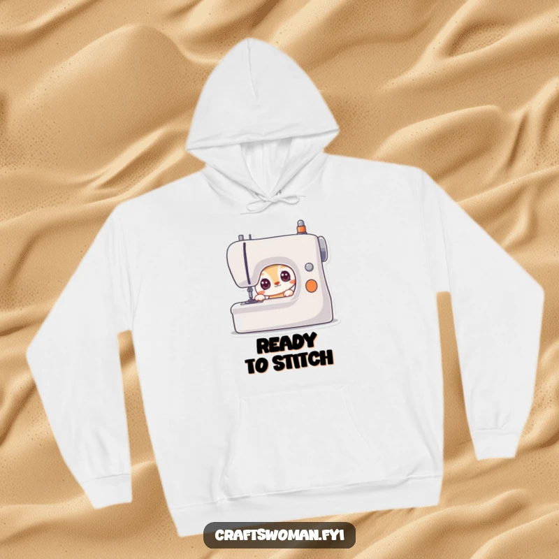 Funny hoodie featuring a curious animal character with wide, eager eyes fixated on a sewing machine, symbolizing budding creativity.