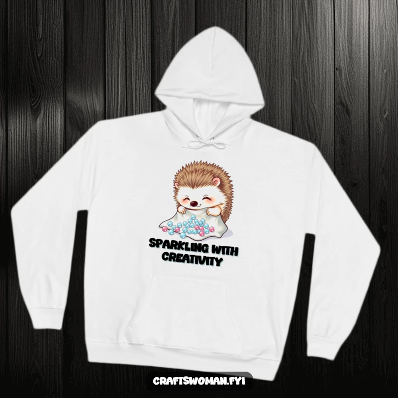 Funny hedgehog hoodie with a cheerful character carefully arranging sparkling beads onto a piece of cloth, cozy and fun.
