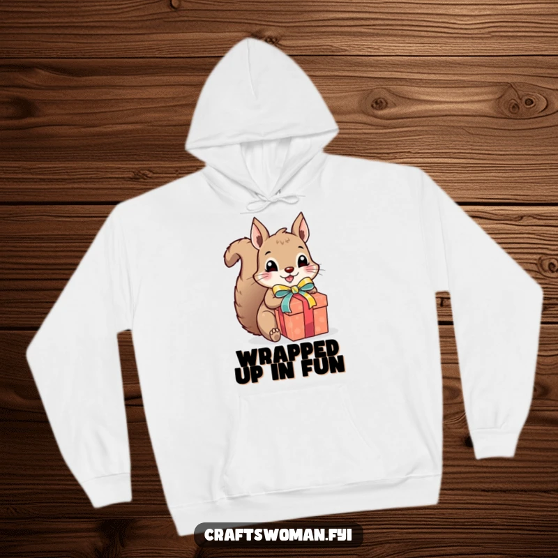 Funny squirrel gift wrapper hoodie, a cute squirrel excitedly wrapping a present with colorful ribbon and a bow, comfortable and festive outerwear.
