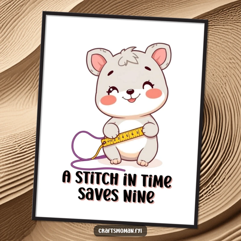 Funny Free Printable Wall Art: A happy animal character uses a measuring tape to precisely measure a length of colorful yarn.
