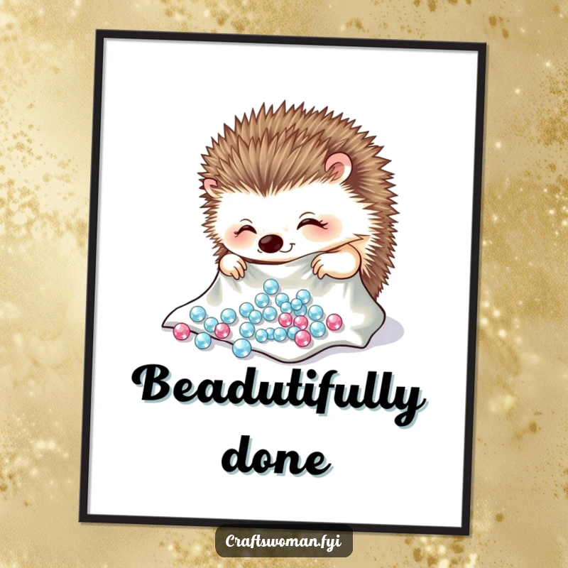 Funny Free Printable wall art of a cheerful hedgehog carefully arranging tiny, sparkling beads onto a piece of cloth.