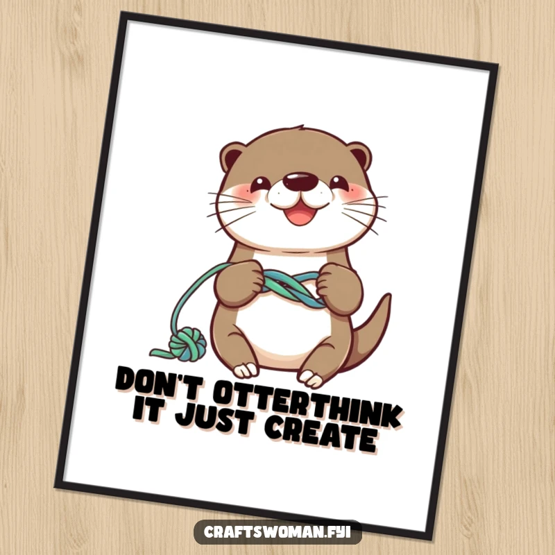 Funny Free Printable wall art of a smiling otter busy knotting colorful yarn into a whimsical, playful pattern.