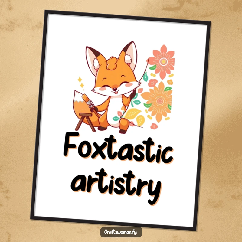 Funny Free Printable wall art of a determined fox enthusiastically painting a bright, abstract pattern onto a piece of fabric.