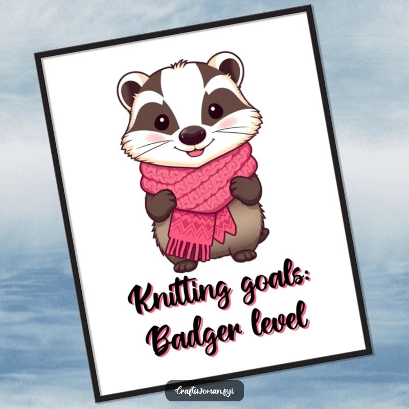 Funny Free Printable Wall Art: A smiling badger proudly wears a colorful, hand-knitted scarf, bringing warmth and humor.
