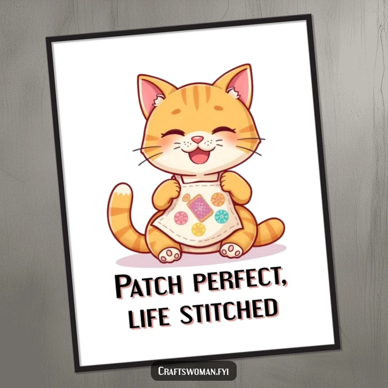 Funny Free Printable Wall Art: Happy cat in a tiny apron joyfully stitching a colorful patch, adding charm.