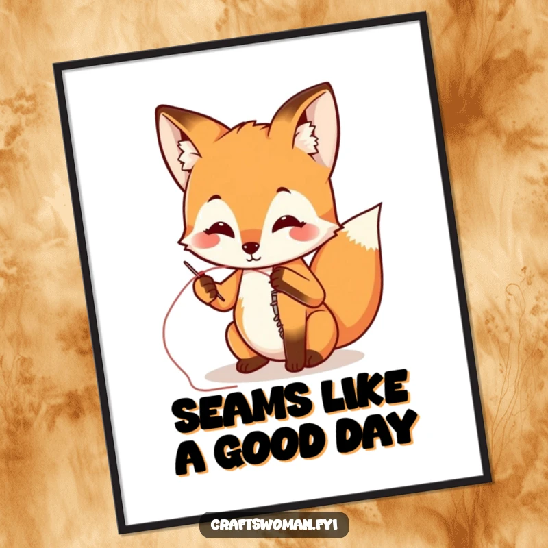 Funny free printable wall art of a playful fox attempting to sew a ripped seam with a needle and thread, looking focused.
