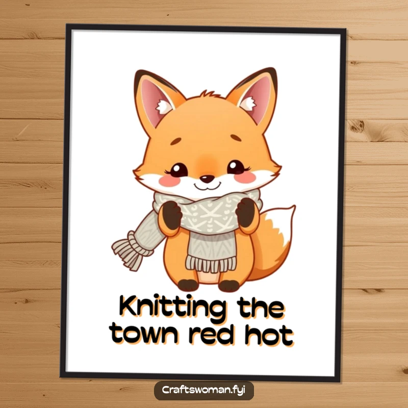 Funny Free Printable Wall Art: Smiling fox proudly displays a colorful knitted scarf, exuding warmth and pride.
