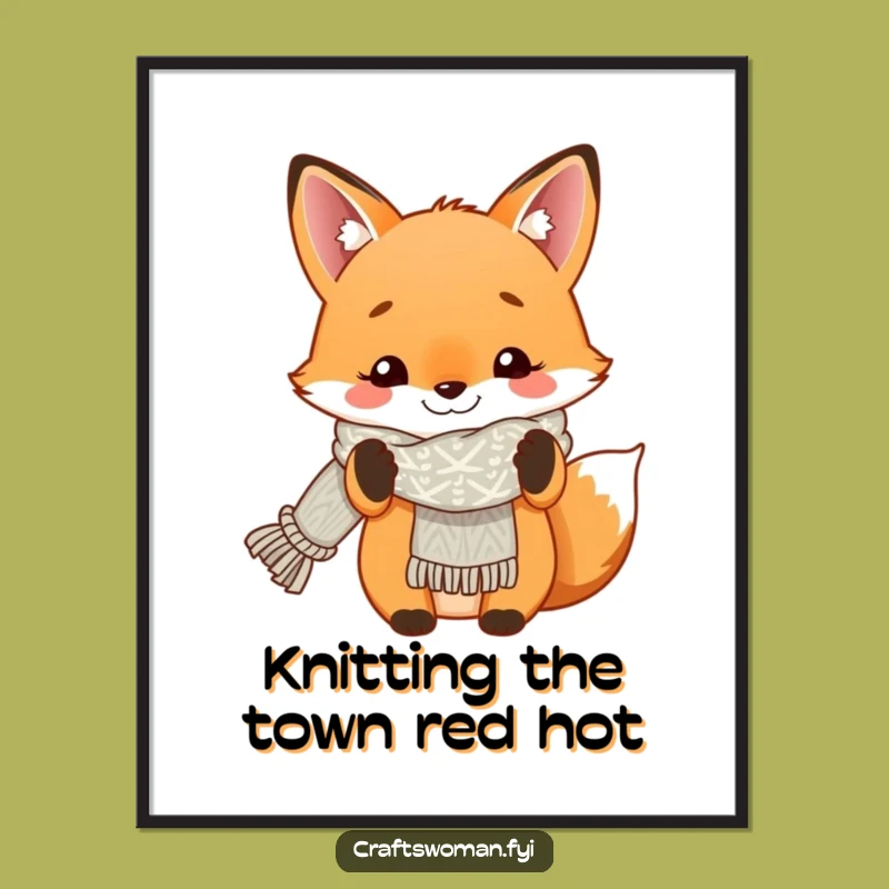 Free Printable Funny Fox Wall Art - Knitted Scarf Cozy Decor Downloadable
