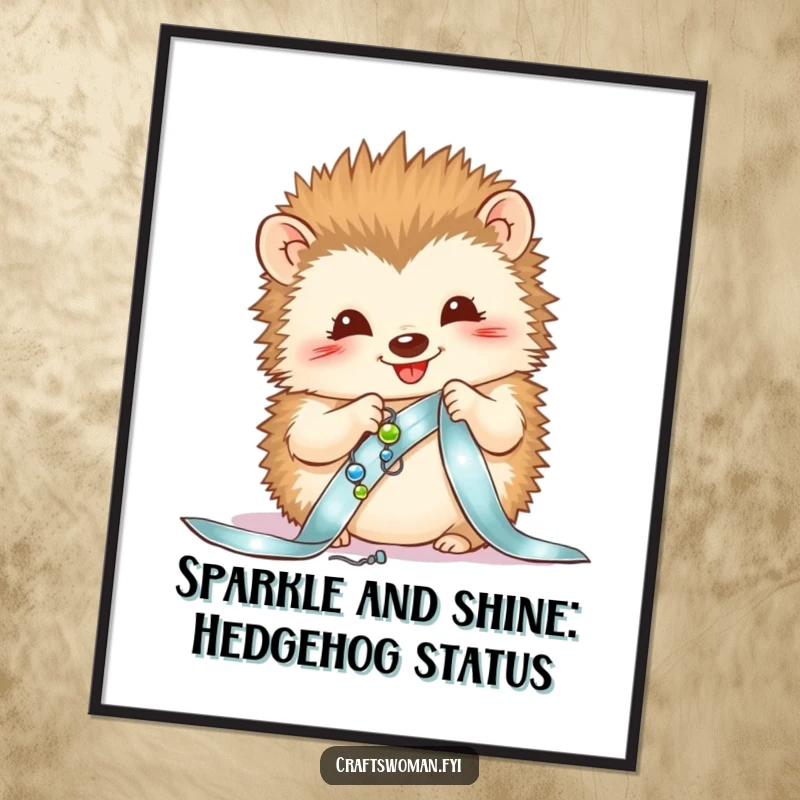 Funny Free Printable Wall Art: A delighted hedgehog carefully sews shiny beads onto a ribbon, creating intricate detail.