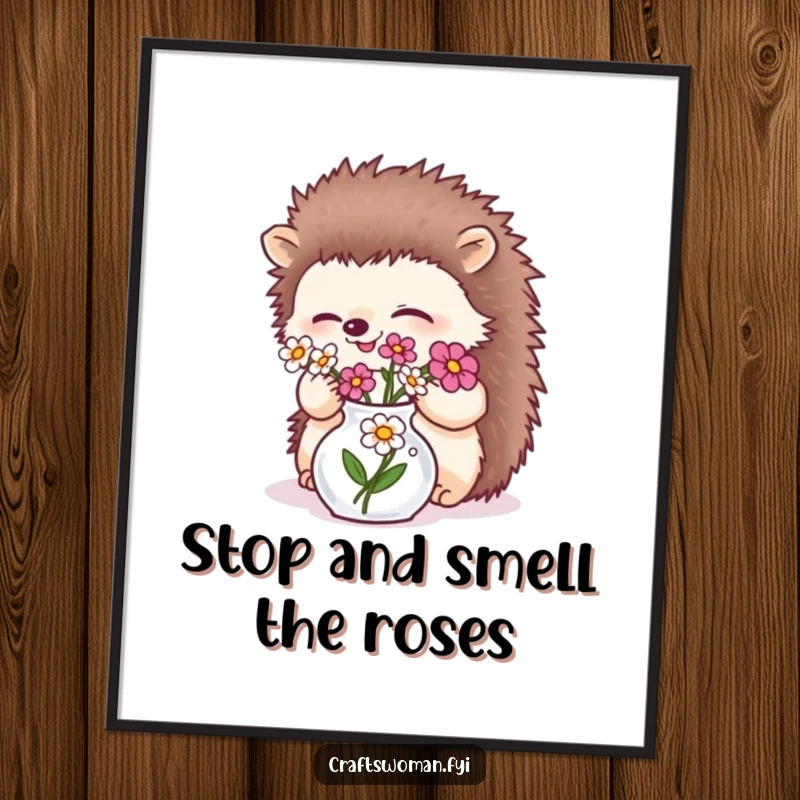 Funny free printable wall art of a giggling hedgehog delicately arranging a small bouquet of flowers in a tiny vase.