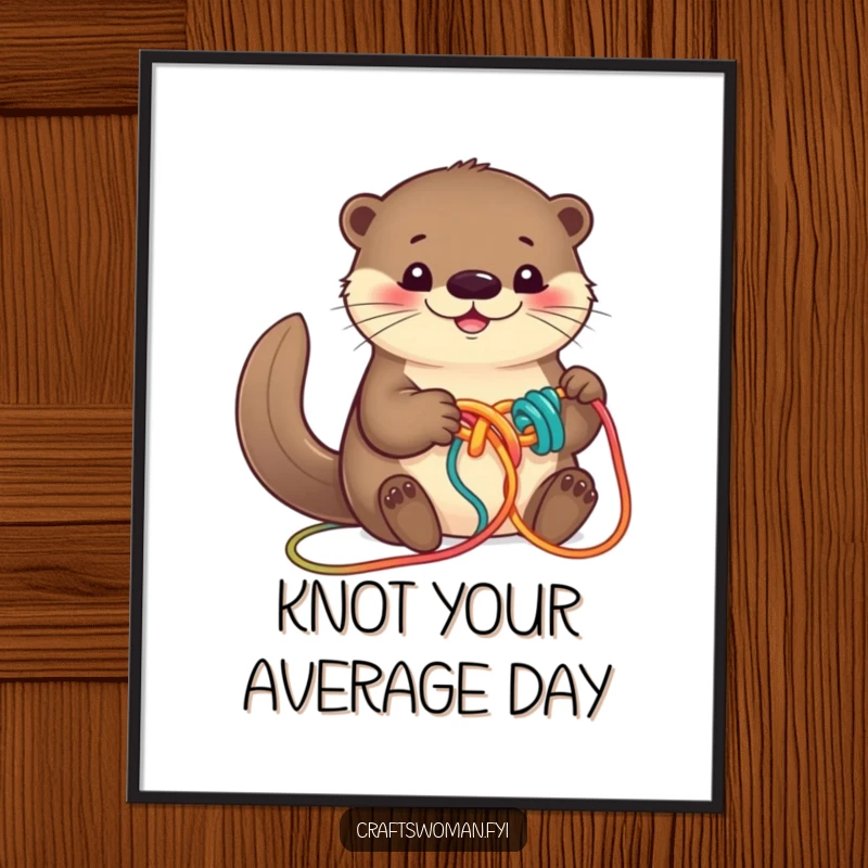 Funny Free Printable Wall Art: Adorable otter happily knots colorful yarn, creating a charming and humorous piece for any room.