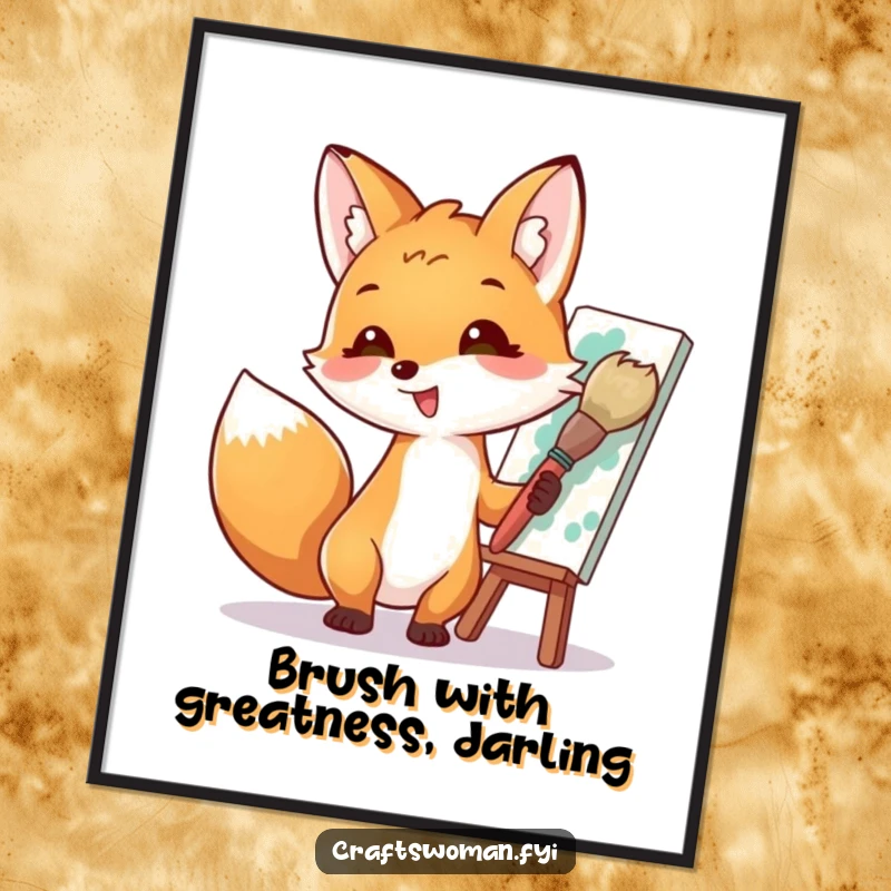 Funny Free Printable Wall Art: Goofy fox artist enthusiastically paints a vibrant, abstract masterpiece with a giant, messy brush.