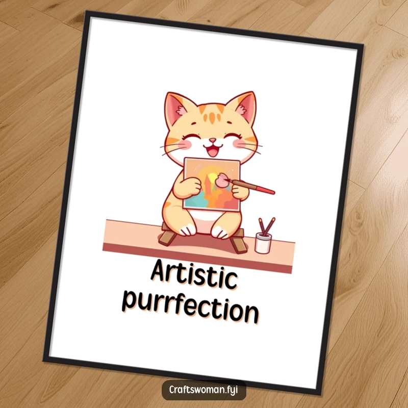 Funny Free Printable Wall Art: A happy cat artist passionately paints a colorful and abstract masterpiece on a small canvas.