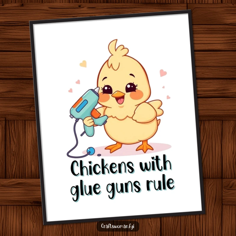 Funny Free Printable Wall Art: A happy chick grinning while holding a glue gun and assembling a craft project, a whimsical decoration.