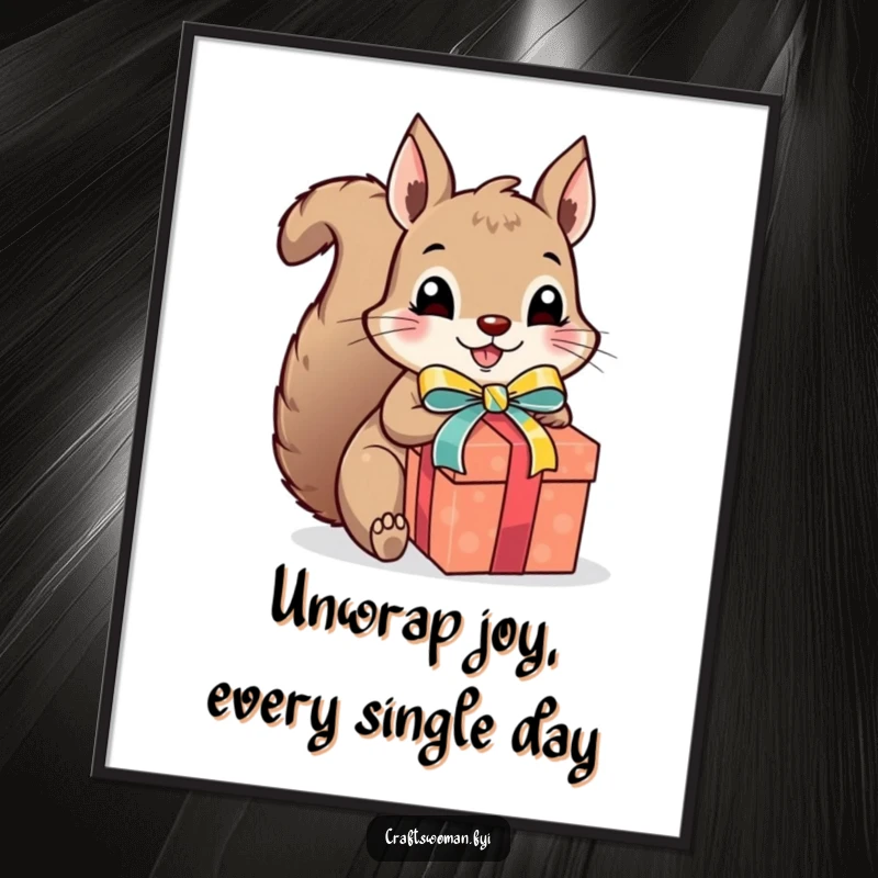 Funny Free Printable Wall Art: Cute squirrel excitedly wrapping a gift with vibrant ribbon and a bow.