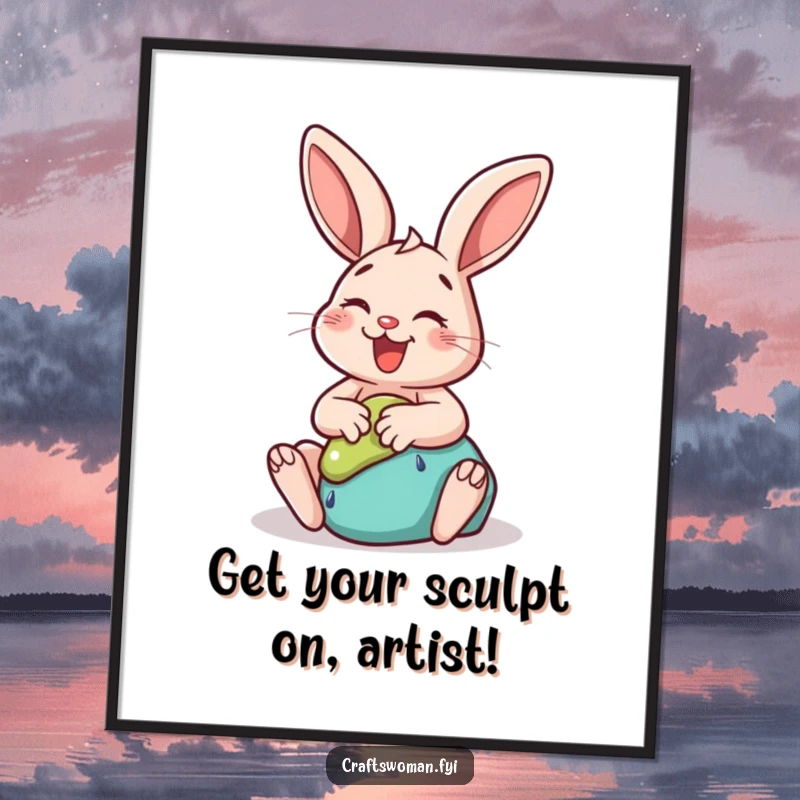Funny Free Printable Wall Art: A happy rabbit gleefully sculpting a whimsical shape out of clay, artist at work.