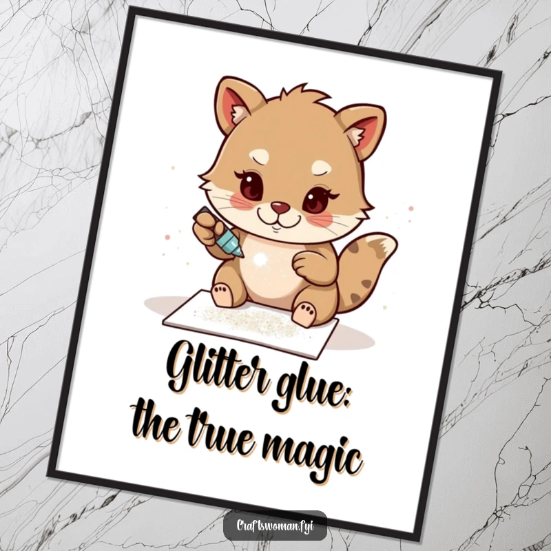 Funny Free Printable Wall Art: A determined animal character meticulously glues sparkling glitter onto a handmade card, showcasing a passion for crafting.