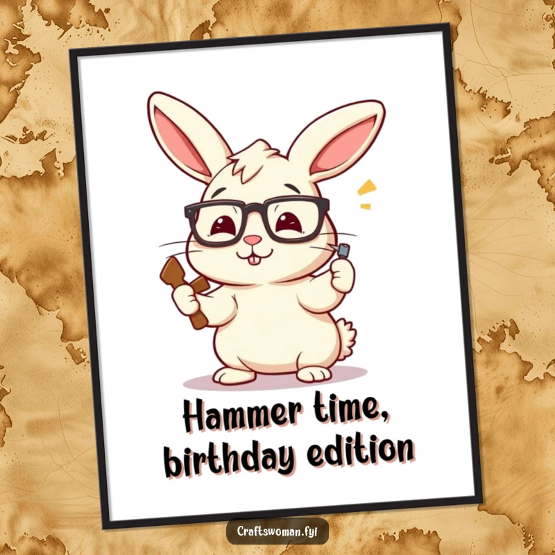 Funny Free Printable Wall Art: A quirky rabbit with glasses askew hammers a nail with enthusiastic DIY energy.