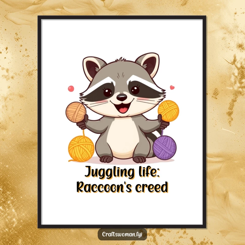 Funny Free Printable Wall Art: A happy raccoon with a mischievous grin juggles brightly colored yarn balls with skill.