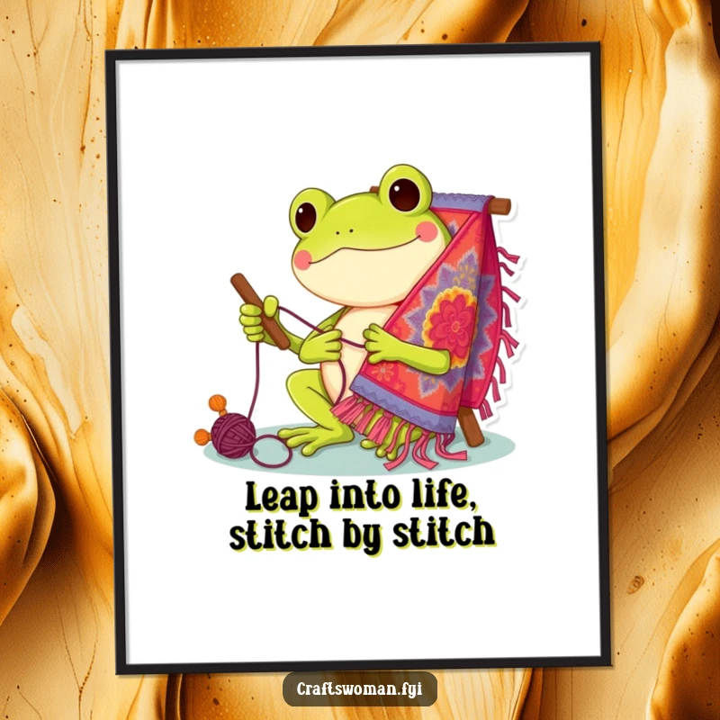 Funny Free Printable Frog Wall Art: Happy frog engrossed in stitching a colorful, intricate tapestry, bringing artistic joy to any room.