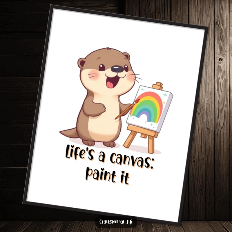 Funny Free Printable Wall Art: A cheerful otter joyfully painting a rainbow on canvas, perfect for DIY decor.