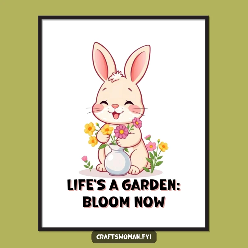 Free Printable Wall Art: Giggling Bunny Flower Arranging - Funny DIY Decor Downloadable