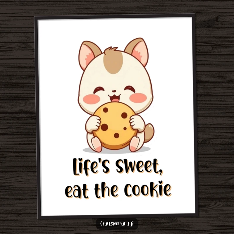 Funny Free Printable Wall Art: A joyful animal character lovingly admires a freshly baked cookie with happy little hands, embodying simple pleasures.