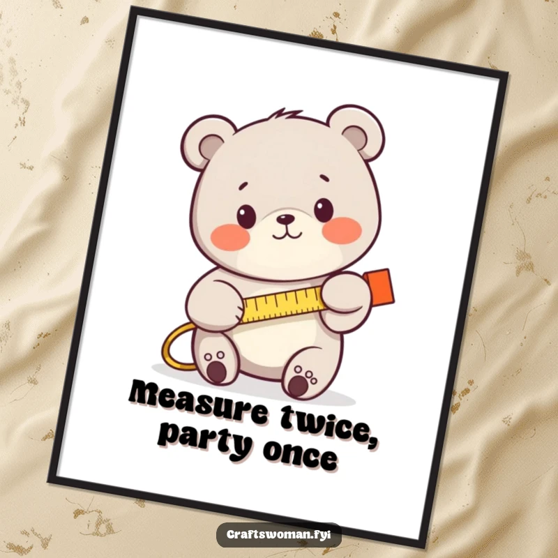 Funny free printable wall art of a smiling, determined bear using a tape measure, symbolizing focus and accomplishment.