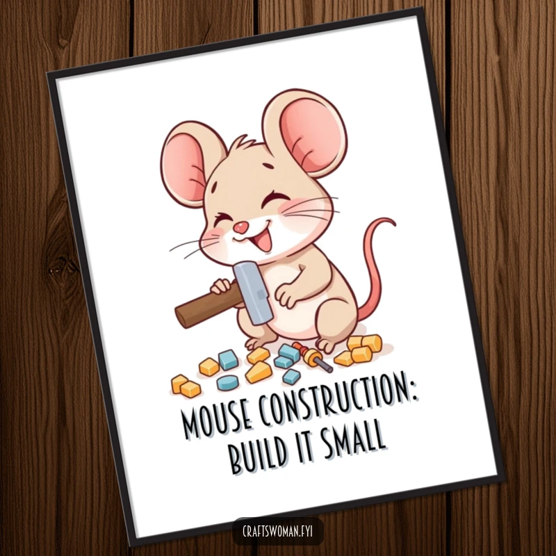 Funny Free Printable Wall Art: A delighted mouse character using a miniature hammer to assemble small pieces with great concentration.