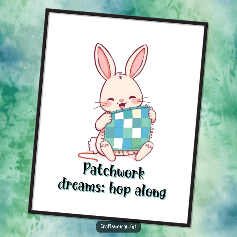 Funny Free Printable Rabbit Wall Art: A joyful rabbit diligently stitching a patchwork quilt, DIY decor.