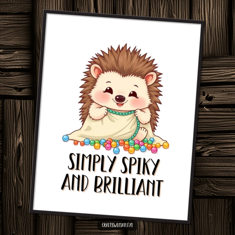 Funny Free Printable Wall Art: Adorable hedgehog thoughtfully arranges sparkling beads, creating a whimsical and artistic piece.