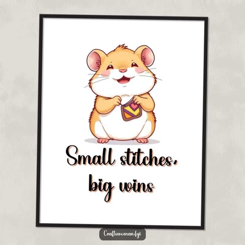 Funny Free Printable wall art of a joyful hamster meticulously sewing a small, colorful patch onto a tiny piece of clothing.