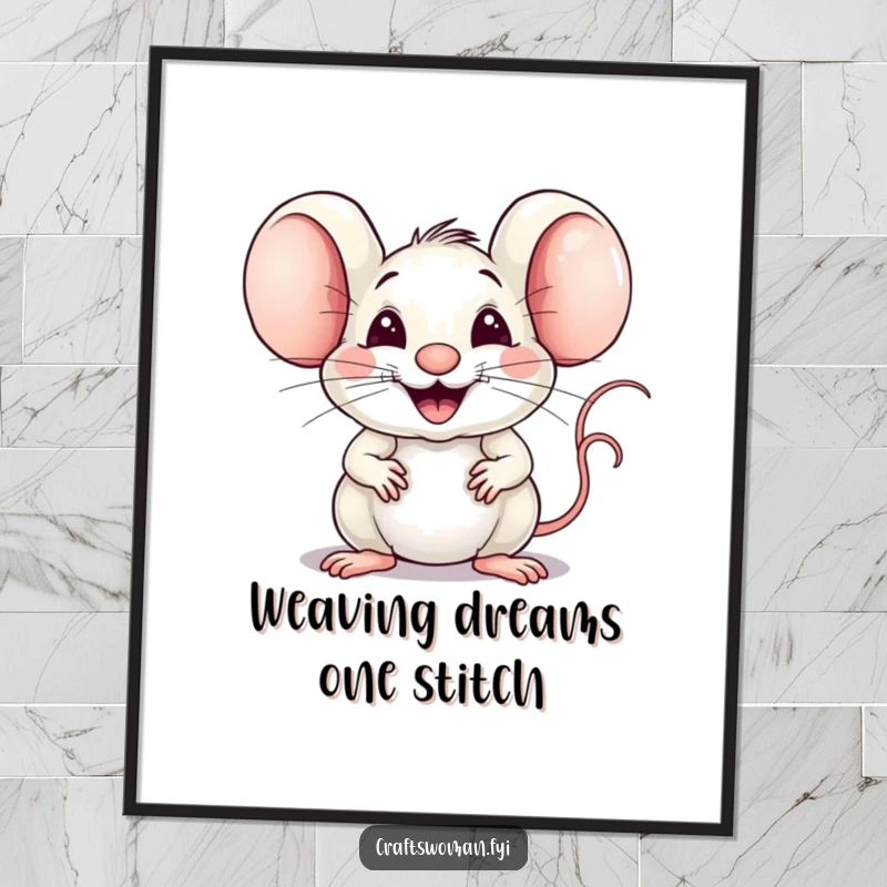 Funny Free Printable Wall Art: A joyful mouse with a proud smile expertly weaves intricate fabric designs.