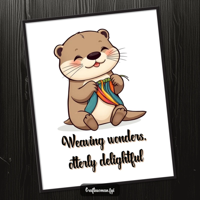 Funny free printable wall art of an otter enthusiastically weaving a colorful material with incredible dexterity and a smile.