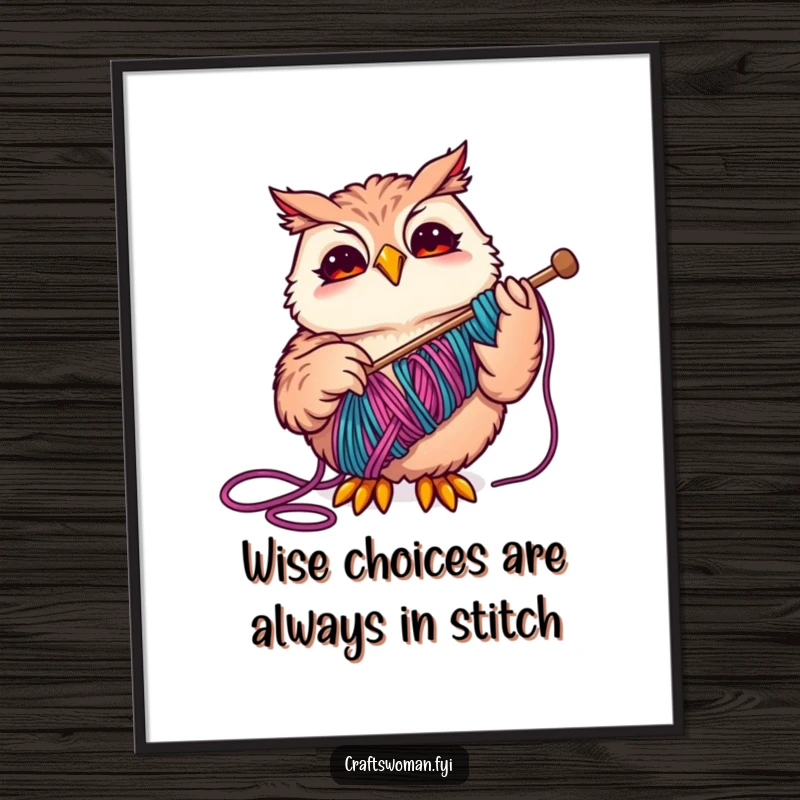 Funny Free Printable Wall Art: A joyful owl intently threading colorful yarn, bringing a whimsical, crafty vibe to any room.