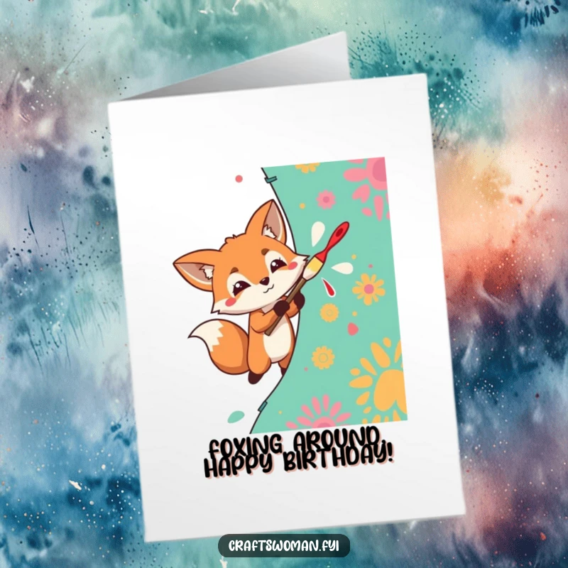 Funny Free Printable Birthday Card: Determined fox enthusiastically painting a vibrant pattern onto fabric, artistic and bold.