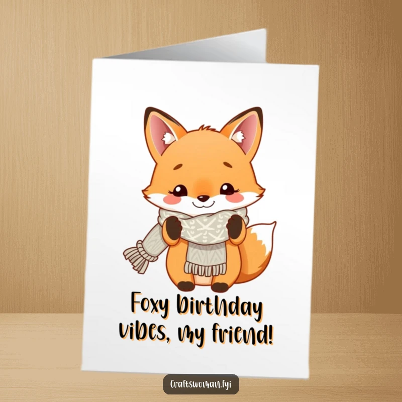 Funny Free Printable Birthday Card: Smiling fox proudly displays a beautifully knitted scarf, radiating happiness.