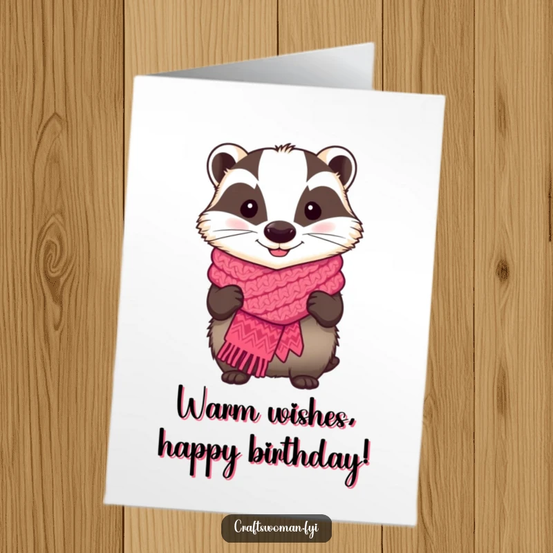 Funny Free Printable Birthday Card: A smiling badger proudly wears a colorful, handmade knitted scarf.