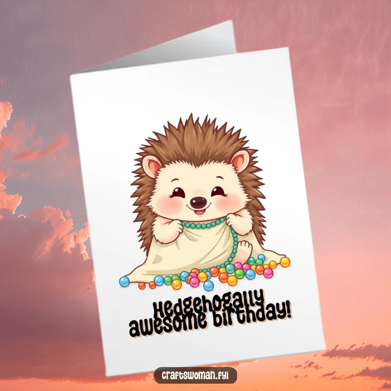 Funny Free Printable Birthday Card: Cheerful hedgehog meticulously arranges sparkling beads, adding charm to your greeting.