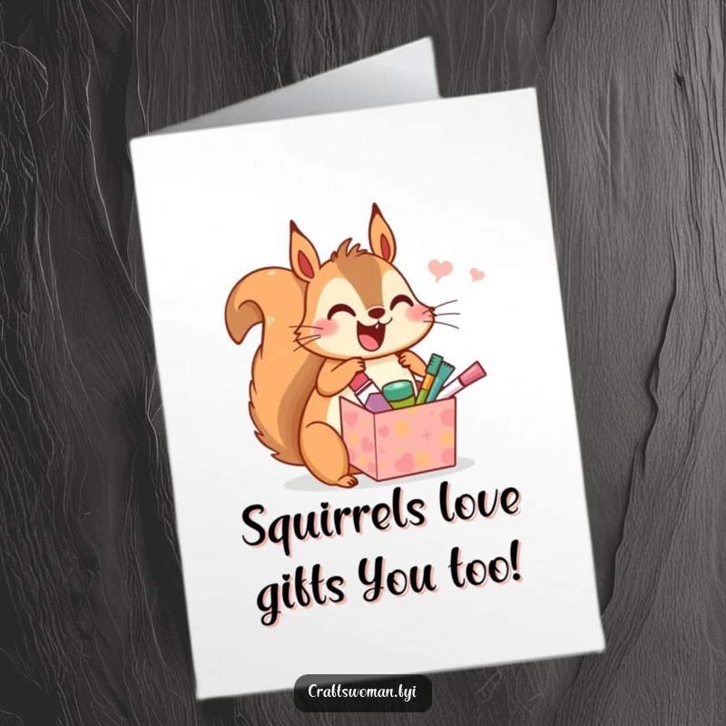 Funny Free Printable Birthday Card: Squirrel joyfully opens gift box with tiny craft supplies, ready for DIY fun.
