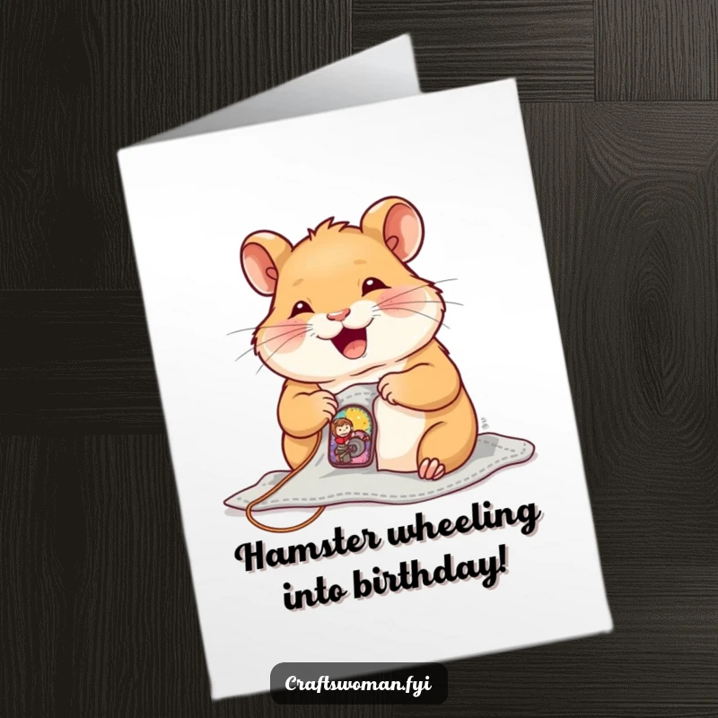 Funny Free Printable Birthday Card: Joyful hamster sewing a tiny colorful patch onto a small garment, meticulous and cute.