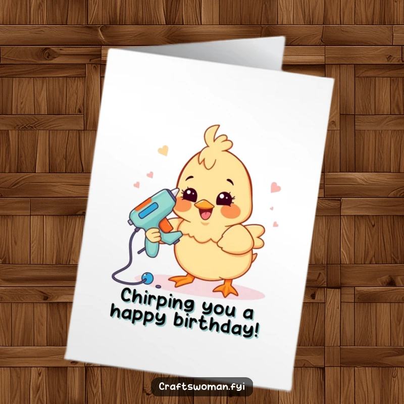 Funny Free Printable Birthday Card: A happy chick grinning while using a glue gun to assemble a craft project, wishing you happy birthday.