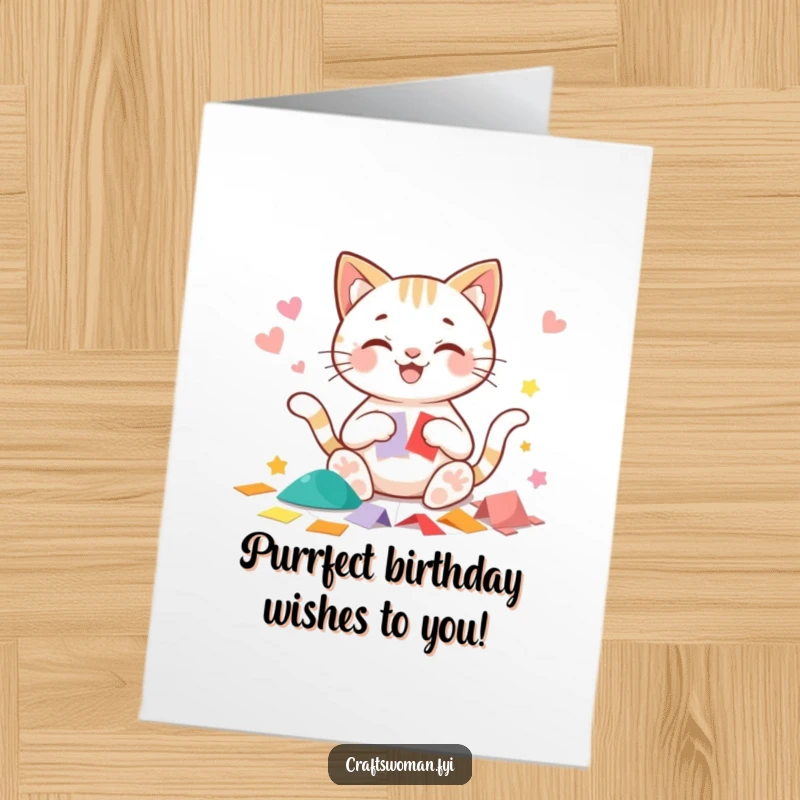 Funny Free Printable Birthday Card: Beaming cat character happily cutting precise shapes from colorful paper with enthusiasm.