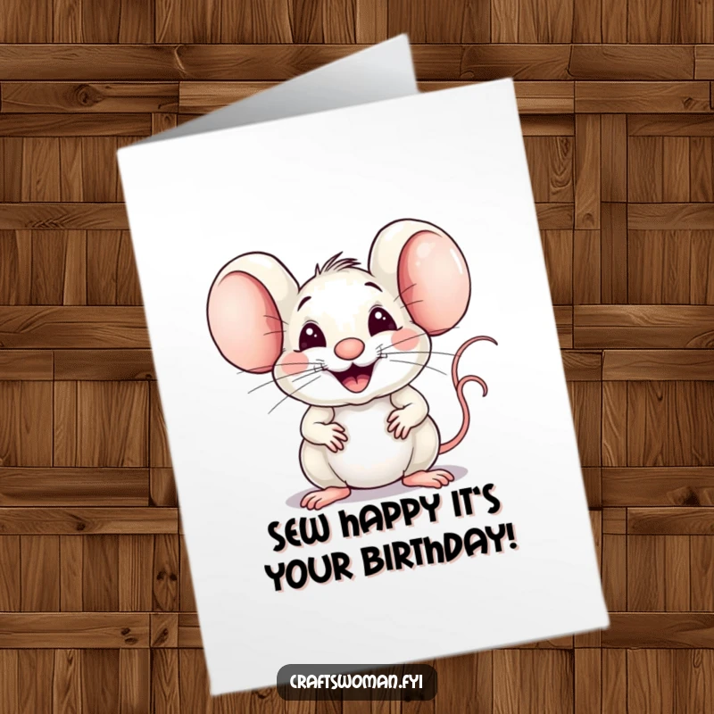 Funny Free Printable Happy Birthday Card: A proud mouse expertly weaves fabric with a huge, joyful smile.