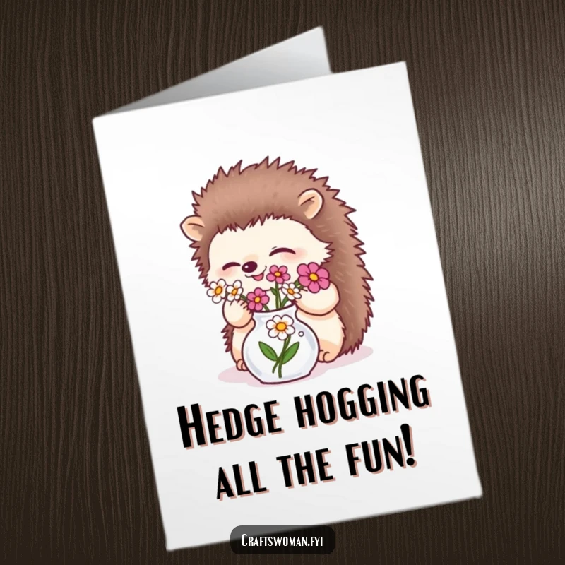 Funny free printable birthday card featuring a giggling hedgehog carefully arranging small flowers in a tiny vase.
