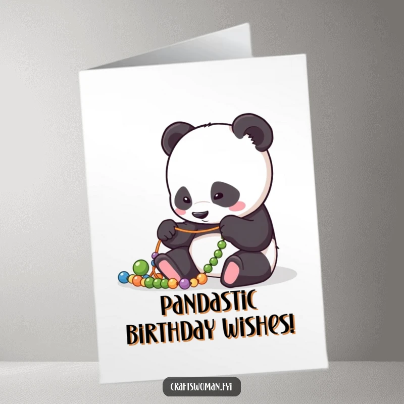 Funny Free Printable Panda Birthday Card: Dedicated panda carefully stringing colorful beads, a perfect wish for a crafty birthday.