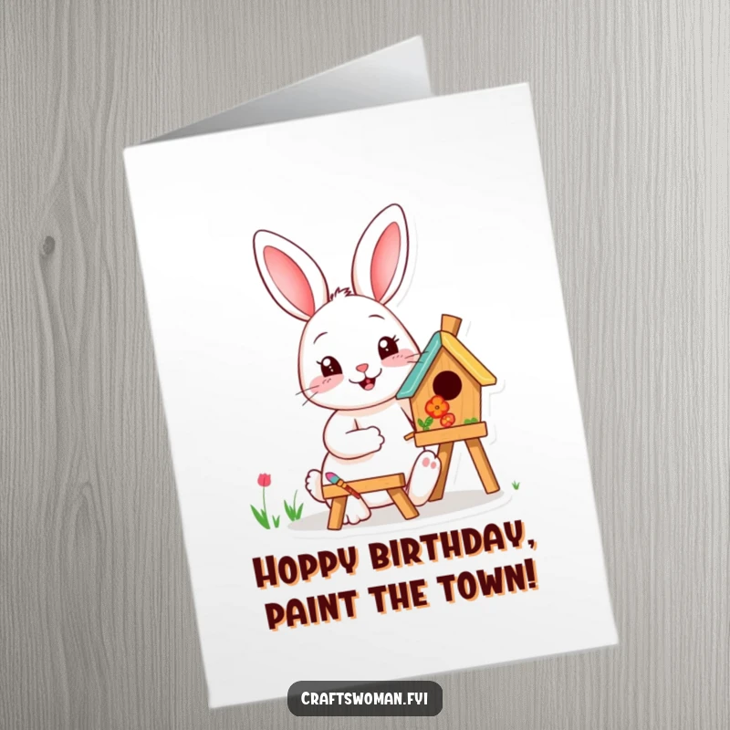 Funny free printable birthday card featuring a happy rabbit joyfully painting a colorful wooden birdhouse.